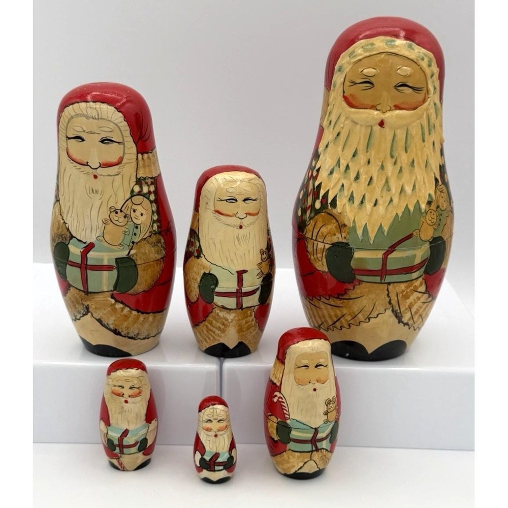 Santa Russian Matryoshka Wooden Nesting Dolls Set of 6 Hand Painted Vintage EUC